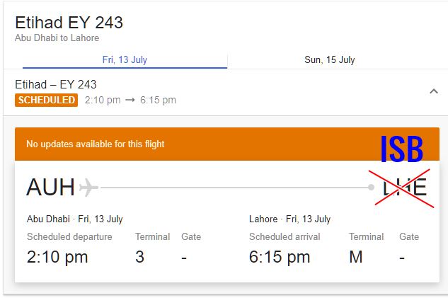 Etihad Airways flight EY-243 may get diverted to Islamabad International Airport