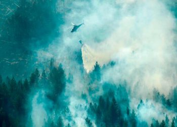 TOPSHOT - Firefighters use a heicopter to tackle a forest fire burning near Ljusdal, Sweden on July 18, 2018. (Photo by Maja SUSLIN / TT News Agency / AFP) / Sweden OUT        (Photo credit should read MAJA SUSLIN/AFP/Getty Images)