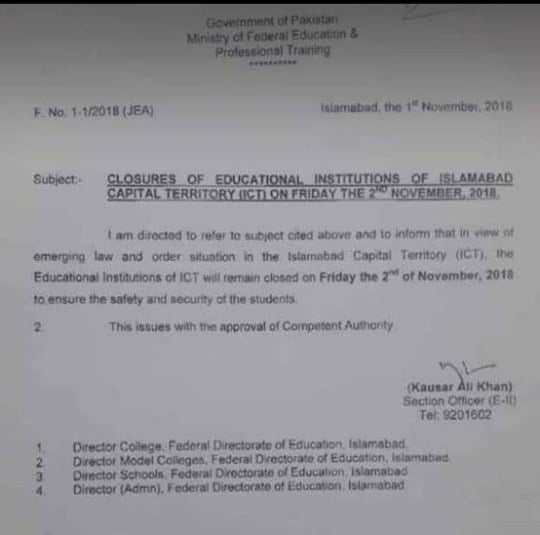 Educational Institutes Closed on 2 Nov 2018 Islamabad: Notice