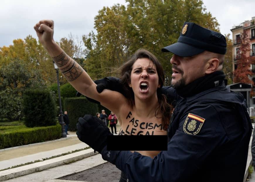 Femen topless prostesters disrupt Francisco Franco memorial in Madrid