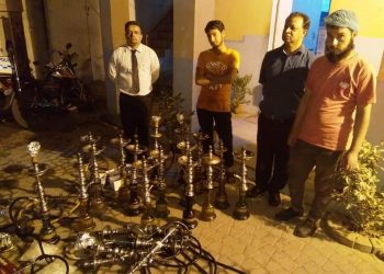 Police have arrested four people and recovered 20 sheesha and other material.