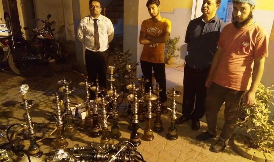 Police have arrested four people and recovered 20 sheesha and other material.