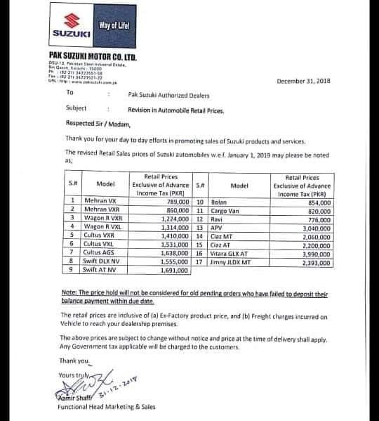 Pak Suzuki Revised the Automobile Prices [2019] 