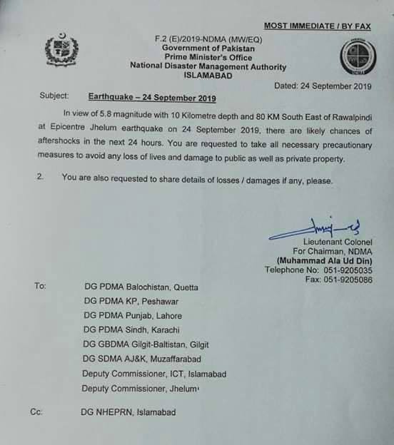 NDMA issues aftershocks warning