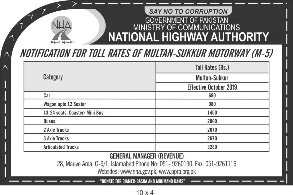 Toll rates of Multan-Sukkur Motorway (M-5)