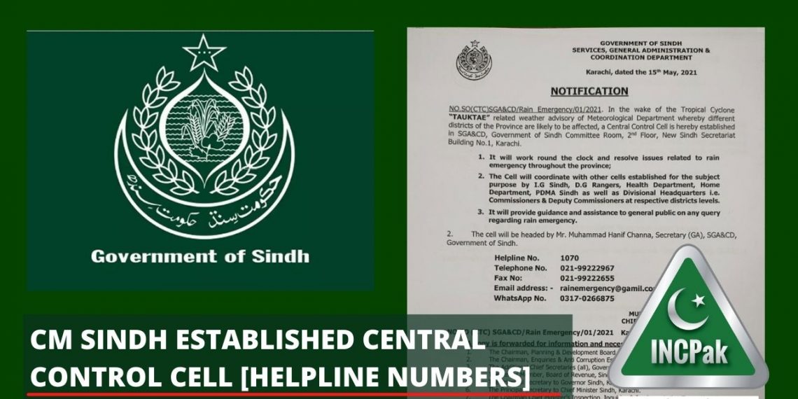 CM Sindh established Central Control Cell [Helpline Numbers]