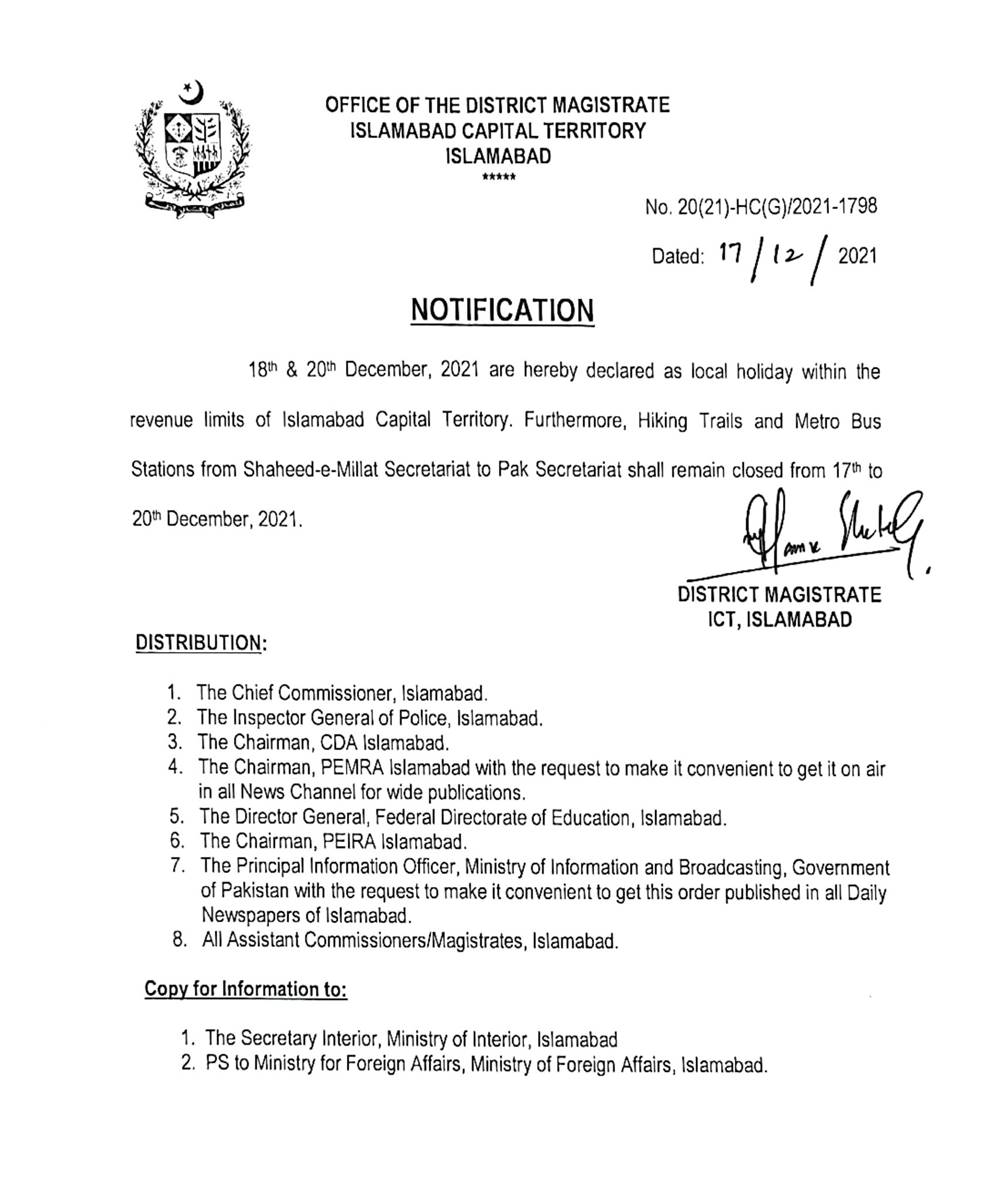 islamabad-announces-public-holiday-on-saturday-monday-incpak