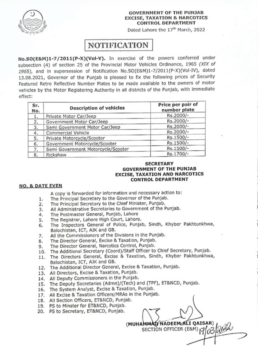 Punjab Increases Prices of Vehicle Number Plates - INCPak