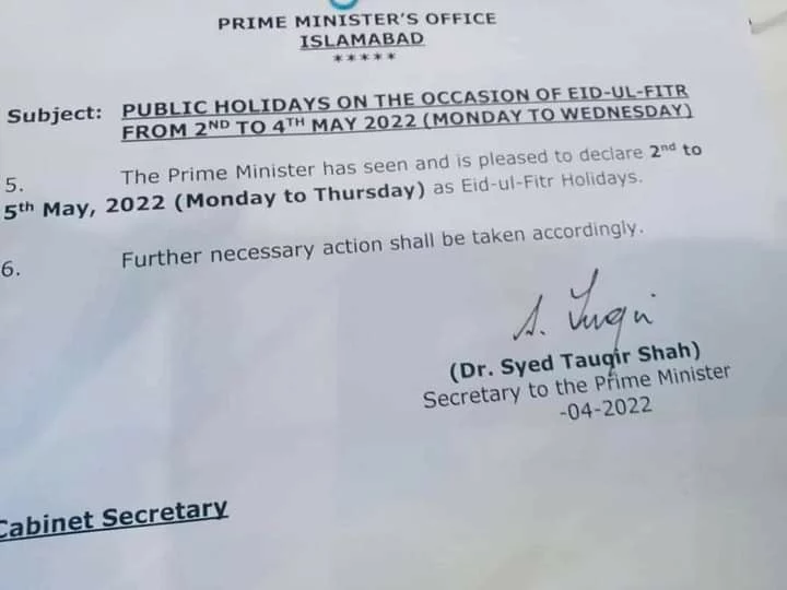 Eid Holidays 2022 Notification Pakistan