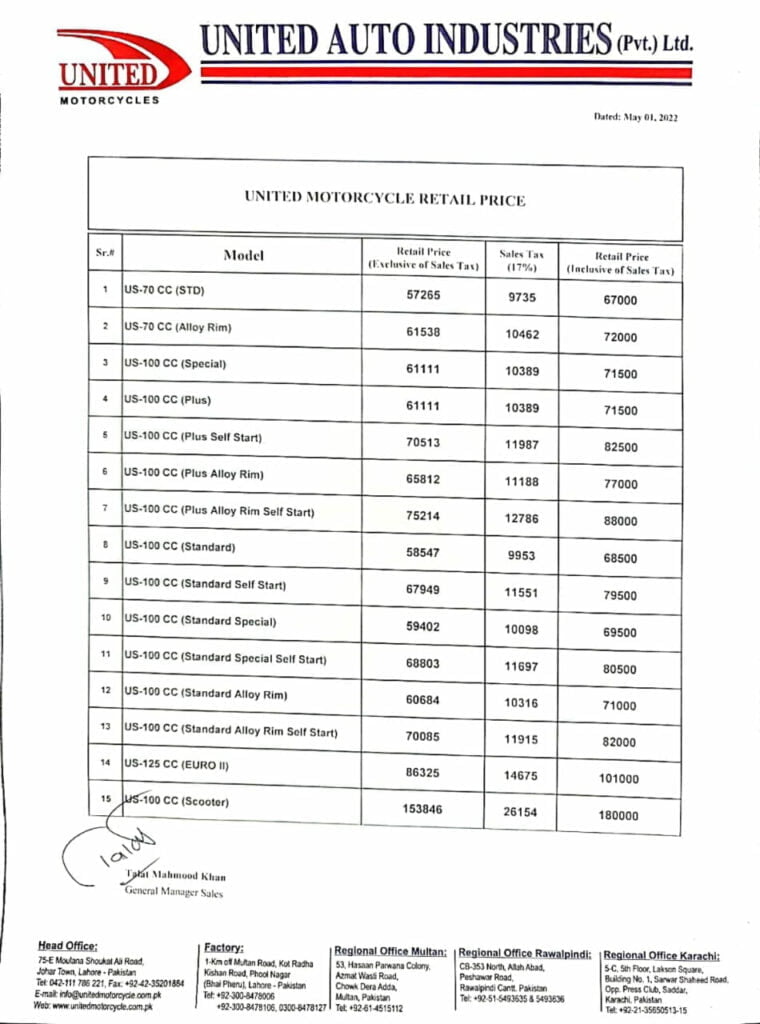 United Motorcycle Price Increase – May 2022