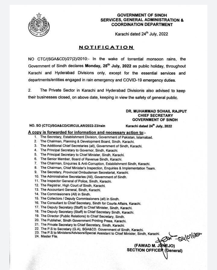 sindh-announces-public-holiday-in-karachi-hyderabad-on-25-july-2022