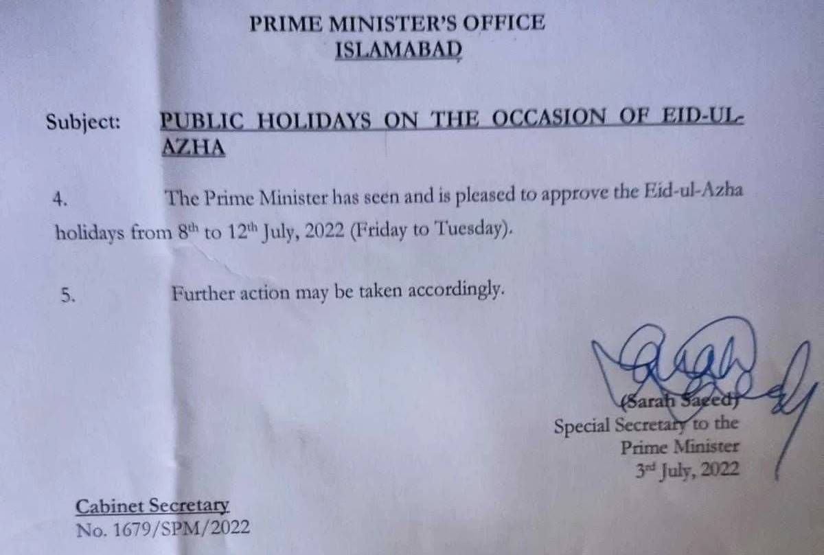 Govt Announces Five Public Holidays For Eid Ul Azha 2022 Incpak