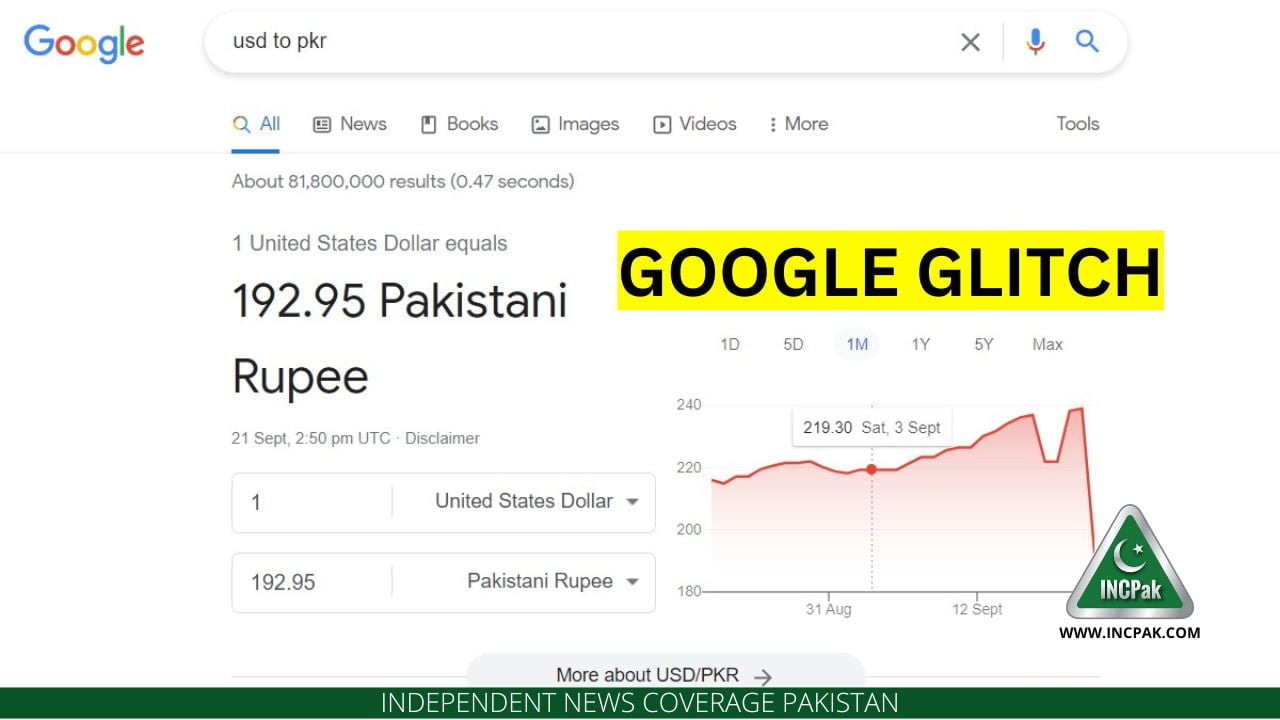 Google glitch shows 1 USD equal to PKR207.1, actual rate near 240