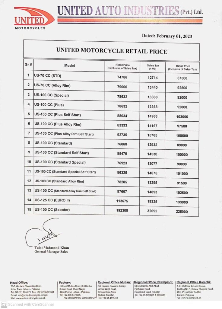 United Motorcycle Prices, United Motorcycle Prices in Pakistan, United Bike Prices