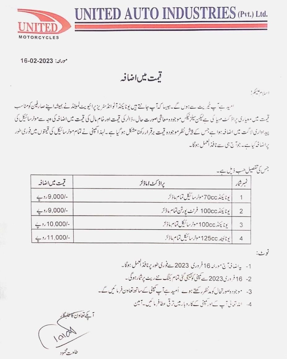 United Motorcycle Prices In Pakistan Increased Again This Month - INCPak