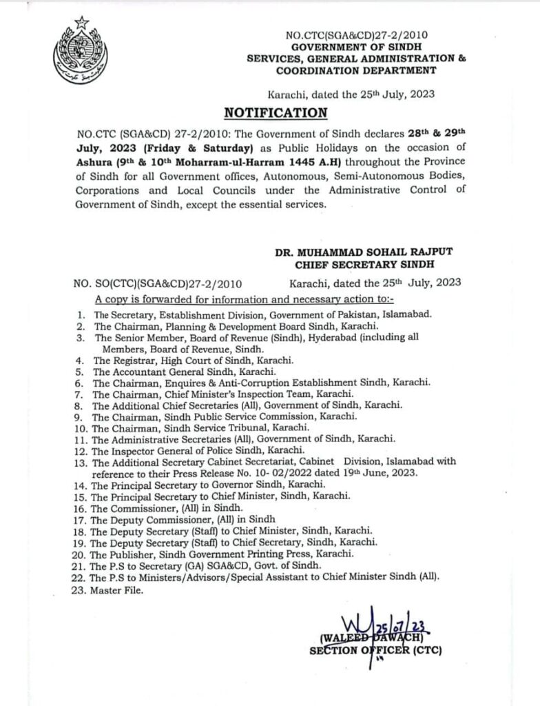 Sindh Public Holiday, 9th Muharram, 10th Muharram, Sindh Muharram Holiday, Sindh Ashura Holiday