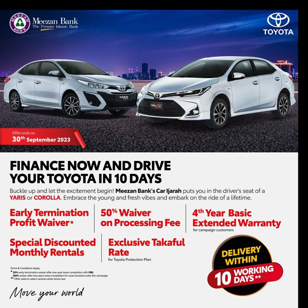 Toyota financing plan, toyota corolla financing plan, toyota yaris financing plan, toyota installment plan, meezan bank