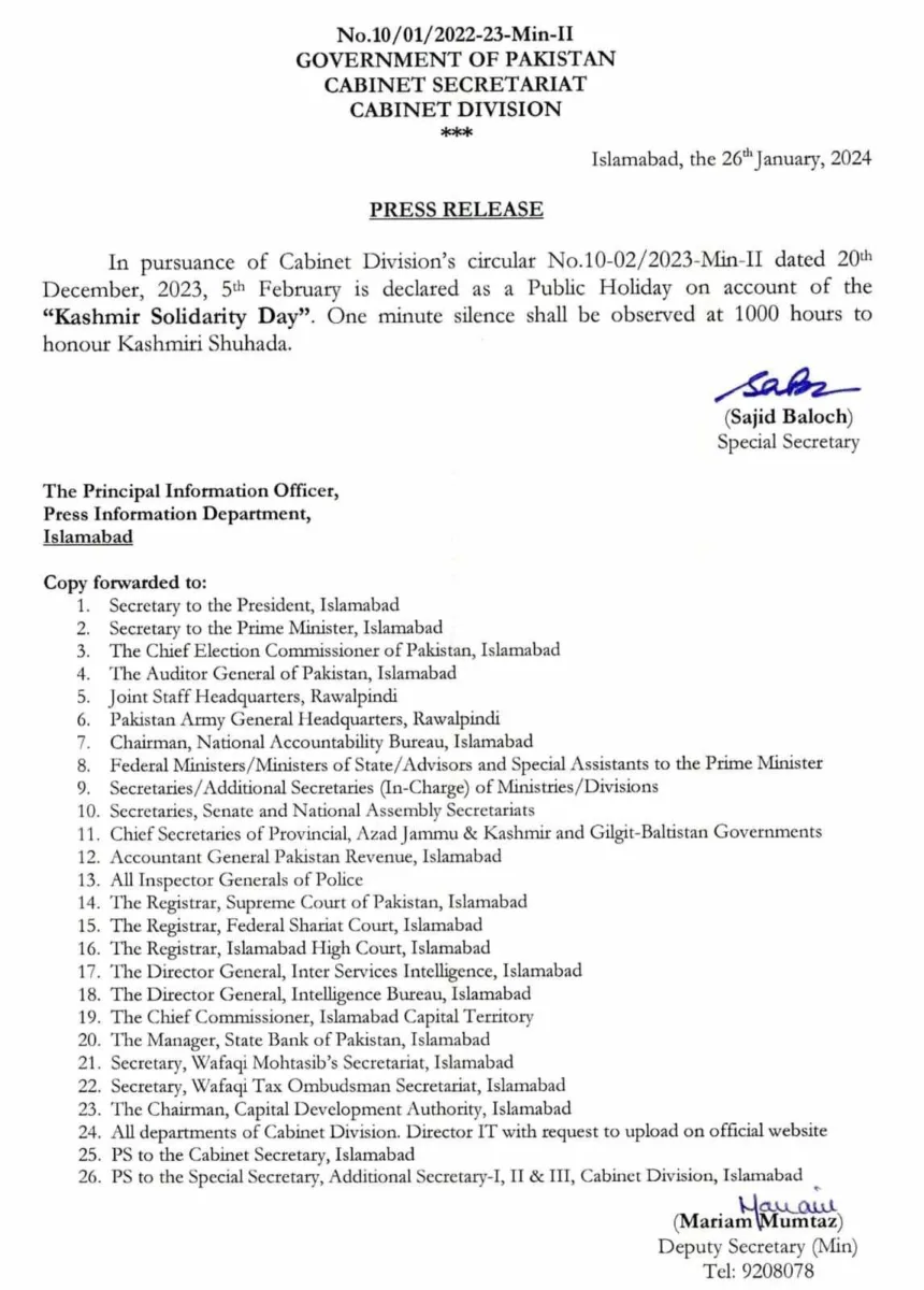 Kashmir Day Govt Announces Public Holiday on February 5 INCPak