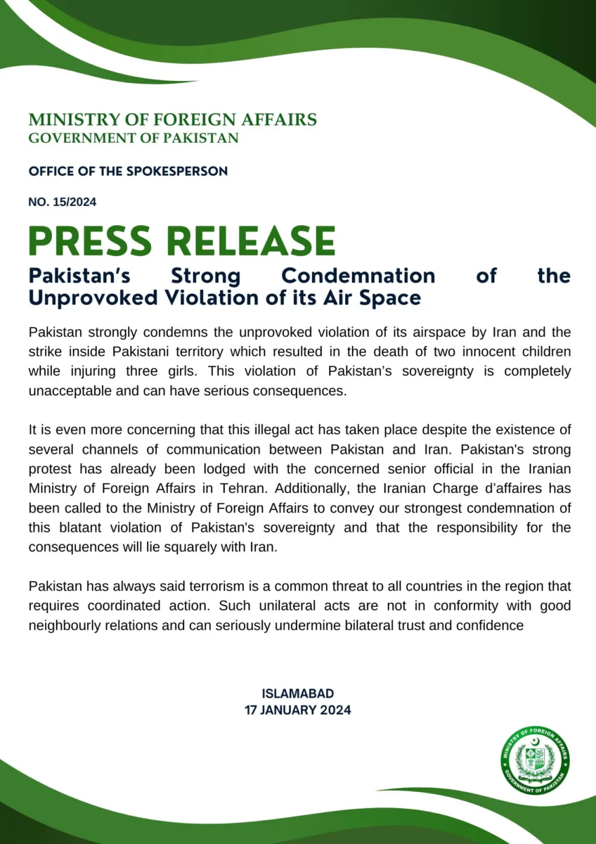 Press Release: Pakistan’s Strong Condemnation of the Unprovoked Violation of its Air Space