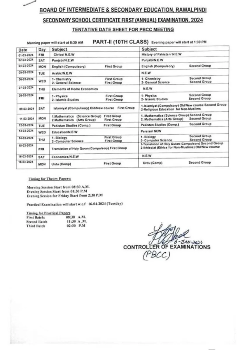 Punjab Matric Exams Date Sheet, BISE Lahore, Punjab Matric Exams 2024, Punjab Matric Exams Date Sheet 2024