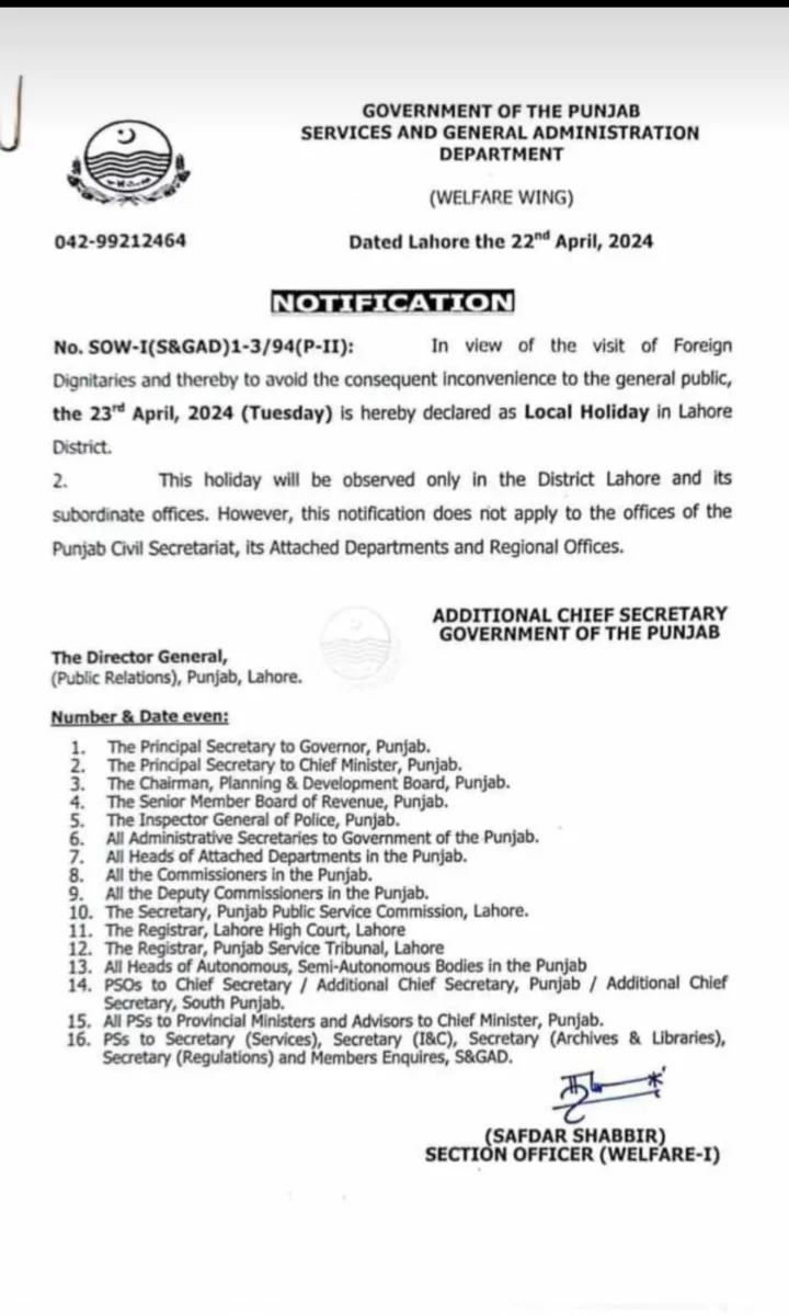 Lahore Holiday Notification