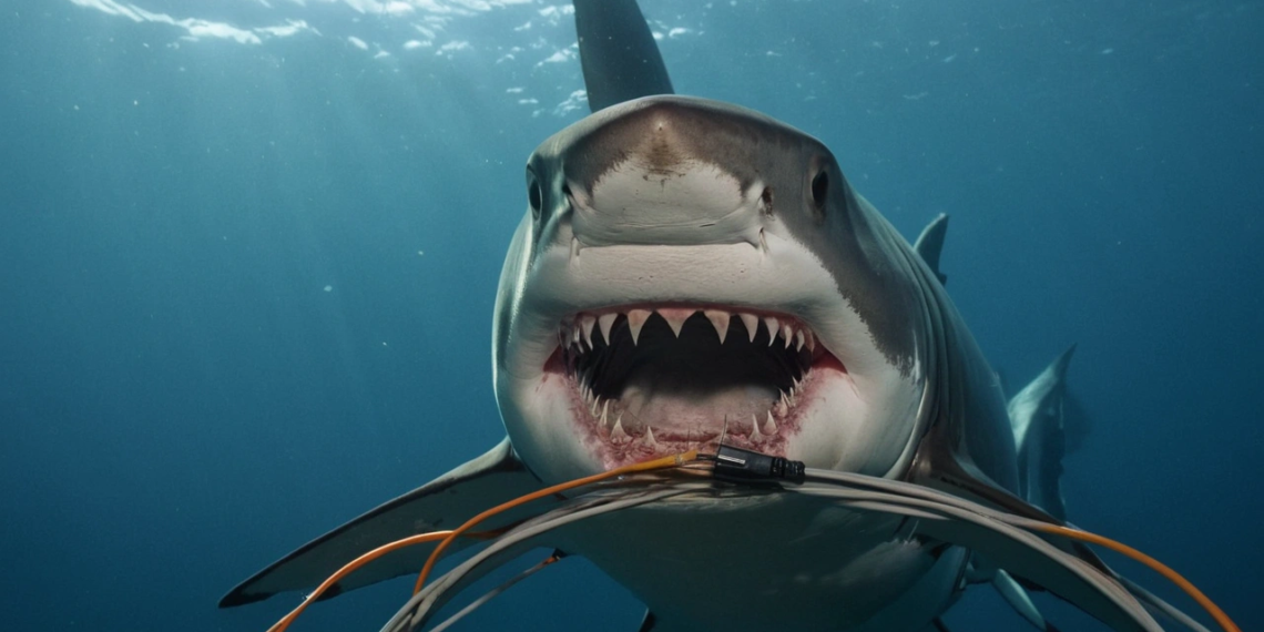 Shark eating submarine cables