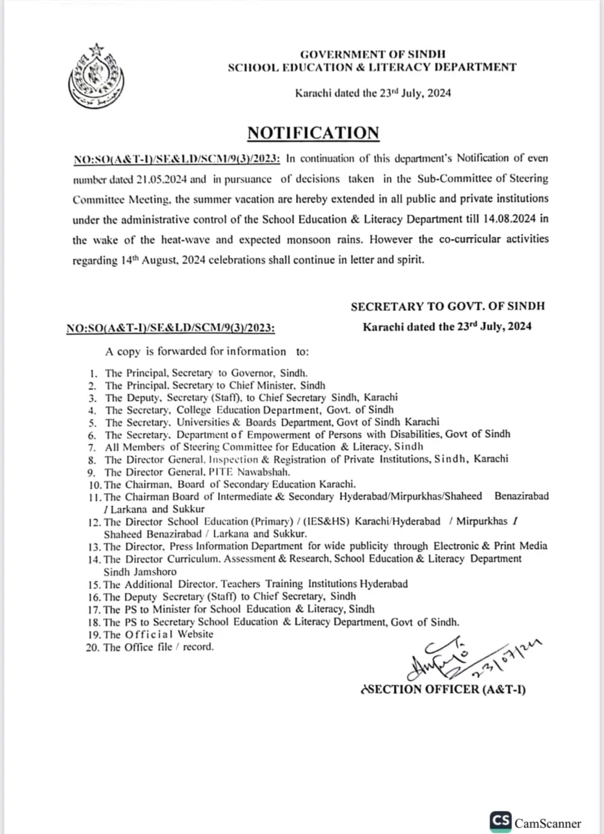 Sindh govt extends summer holidays notification issued - notification