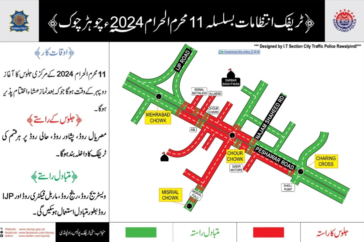 Rawalpindi: traffic arrangements for 11th muharram 2024 procession