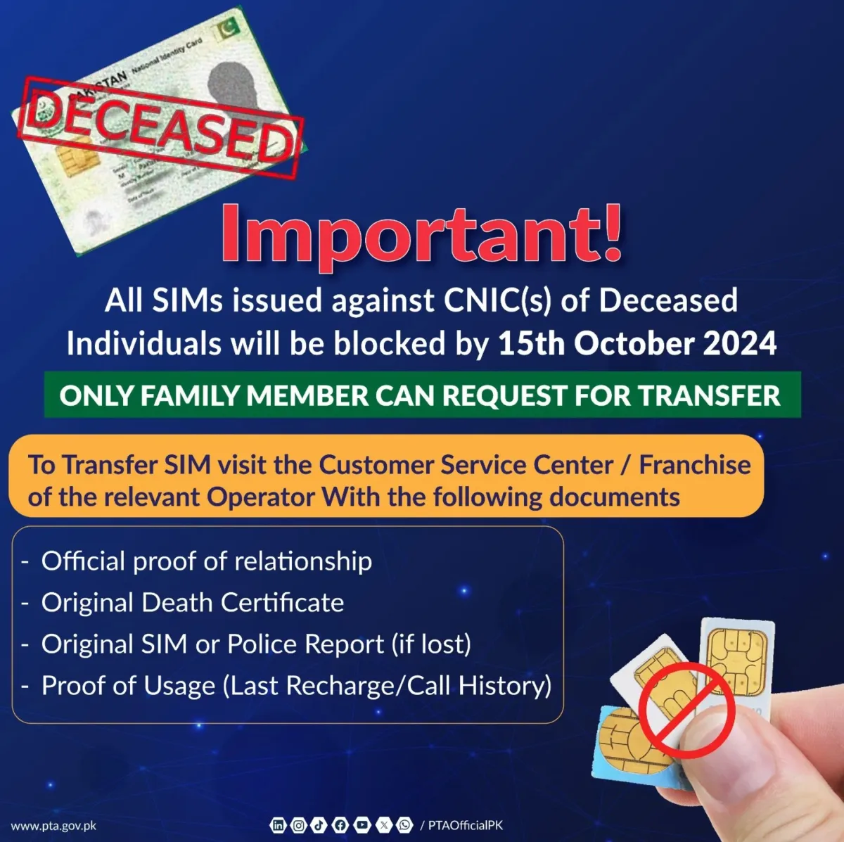 Get your deceased's sim transferred before 15th october 2024: pta