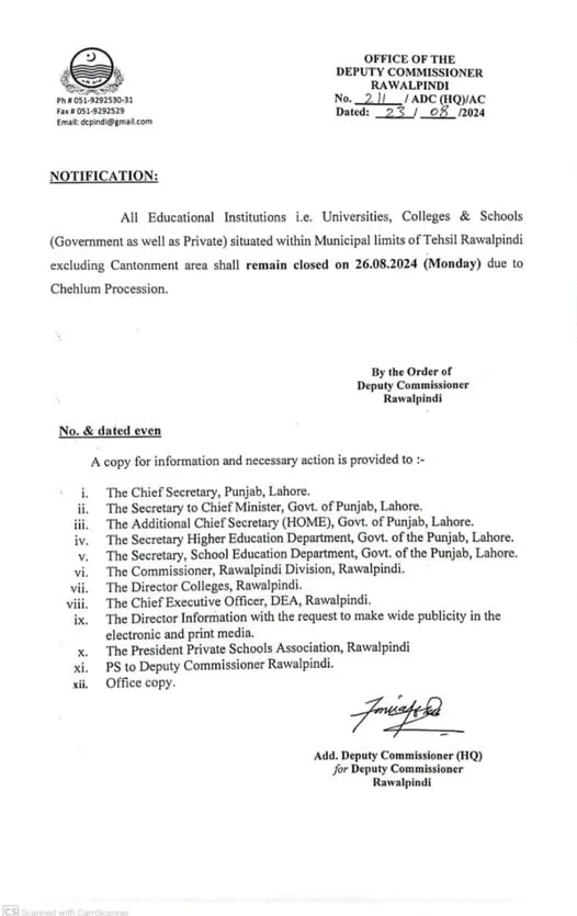 Notification Copy of Rawalpindi Schools & Colleges Closed on August 26 