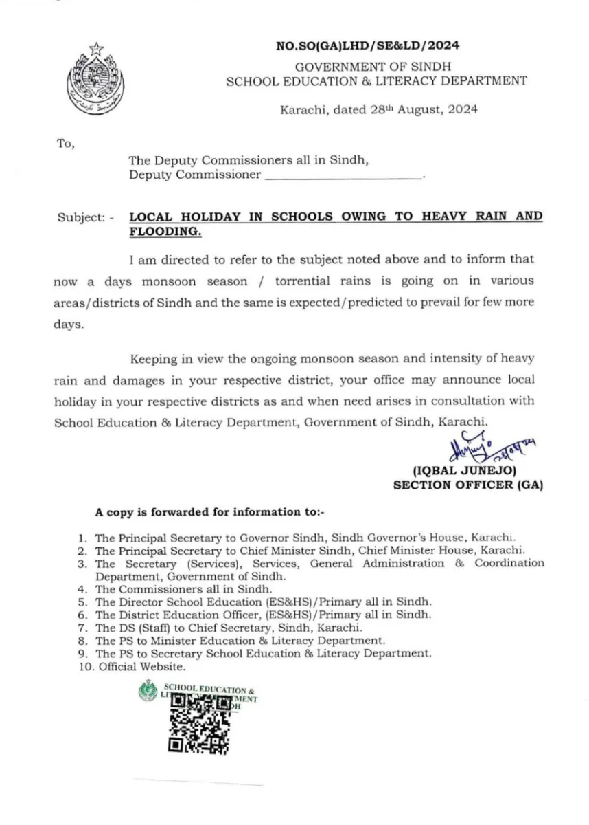 Monsoon Rains Prompt School Closures in Sindh: Notification