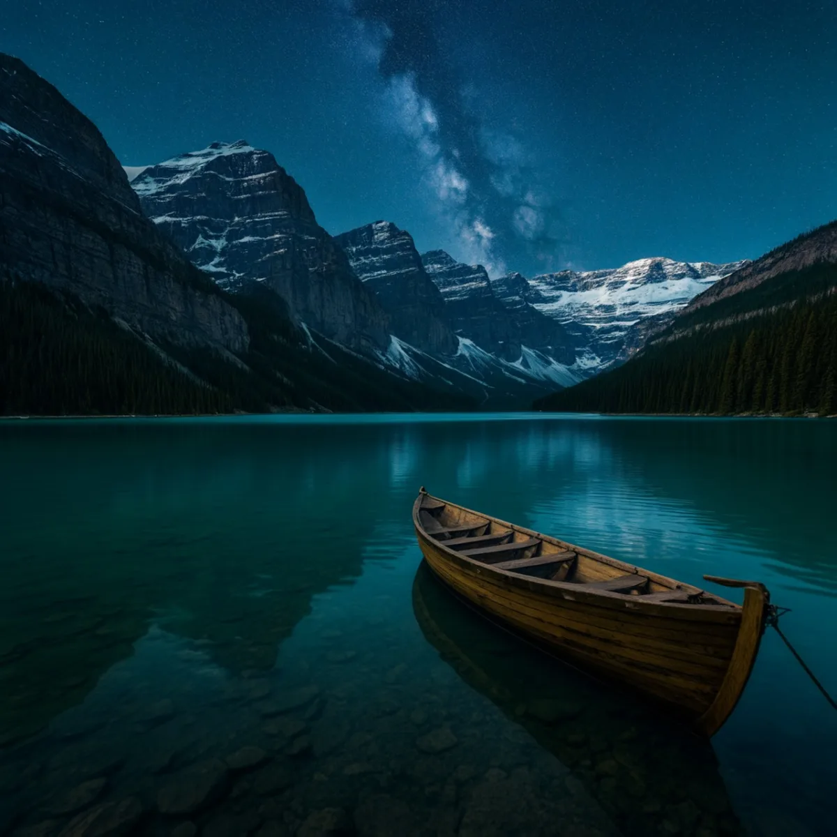 A highly detailed, high-quality image of the banff national park in canada. The turquoise waters of lake louise are surrounded by snow-capped mountains and dense pine forests. A wooden canoe is docked at the edge of the lake. The sky is a clear night time, milky way, stars visible, and the air is crisp and fresh.