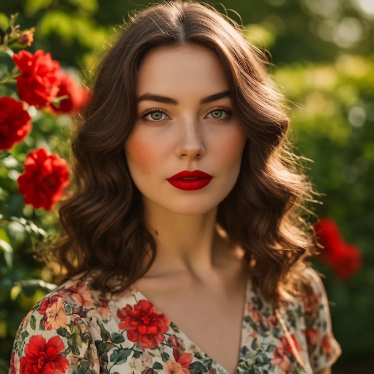 "a close-up portrait of a young woman with flawless skin, vibrant red lipstick, and wavy brown hair, wearing a vintage floral dress and standing in front of a blooming garden. "