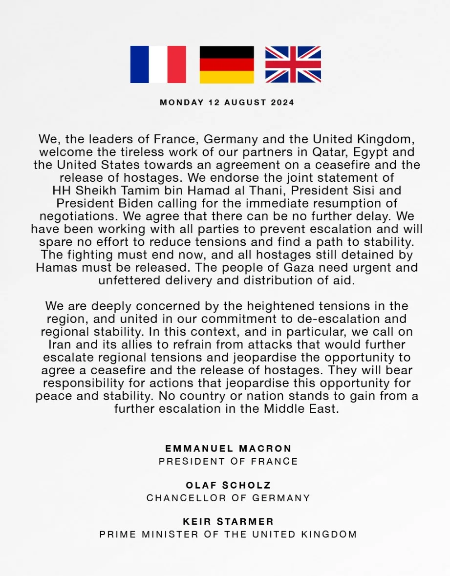 Joint statement on the middle east: 12 august 2024