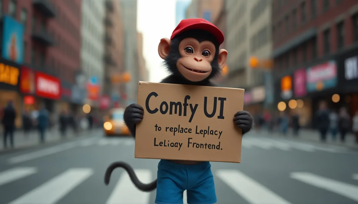 A monkey honding a placard written "comfyui to replace legacy frontend" monkey is smiling standing in a new york time square day time wearing a red cap and blue shorts