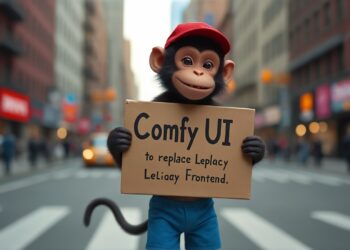 A monkey honding a placard written "ComfyUI to replace Legacy Frontend" monkey is smiling standing in a new york time square day time wearing a red cap and blue shorts