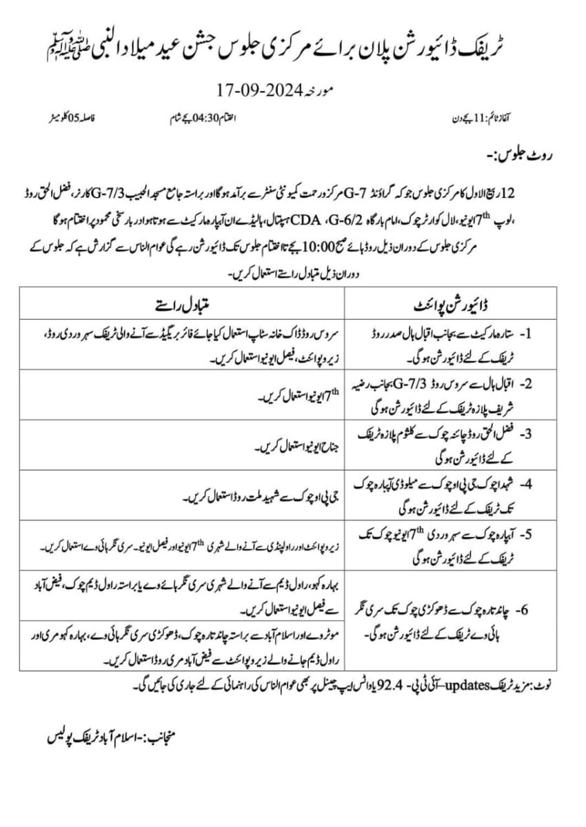 Islamabad traffic plan for central procession of eid milad-un-nabi (saw)