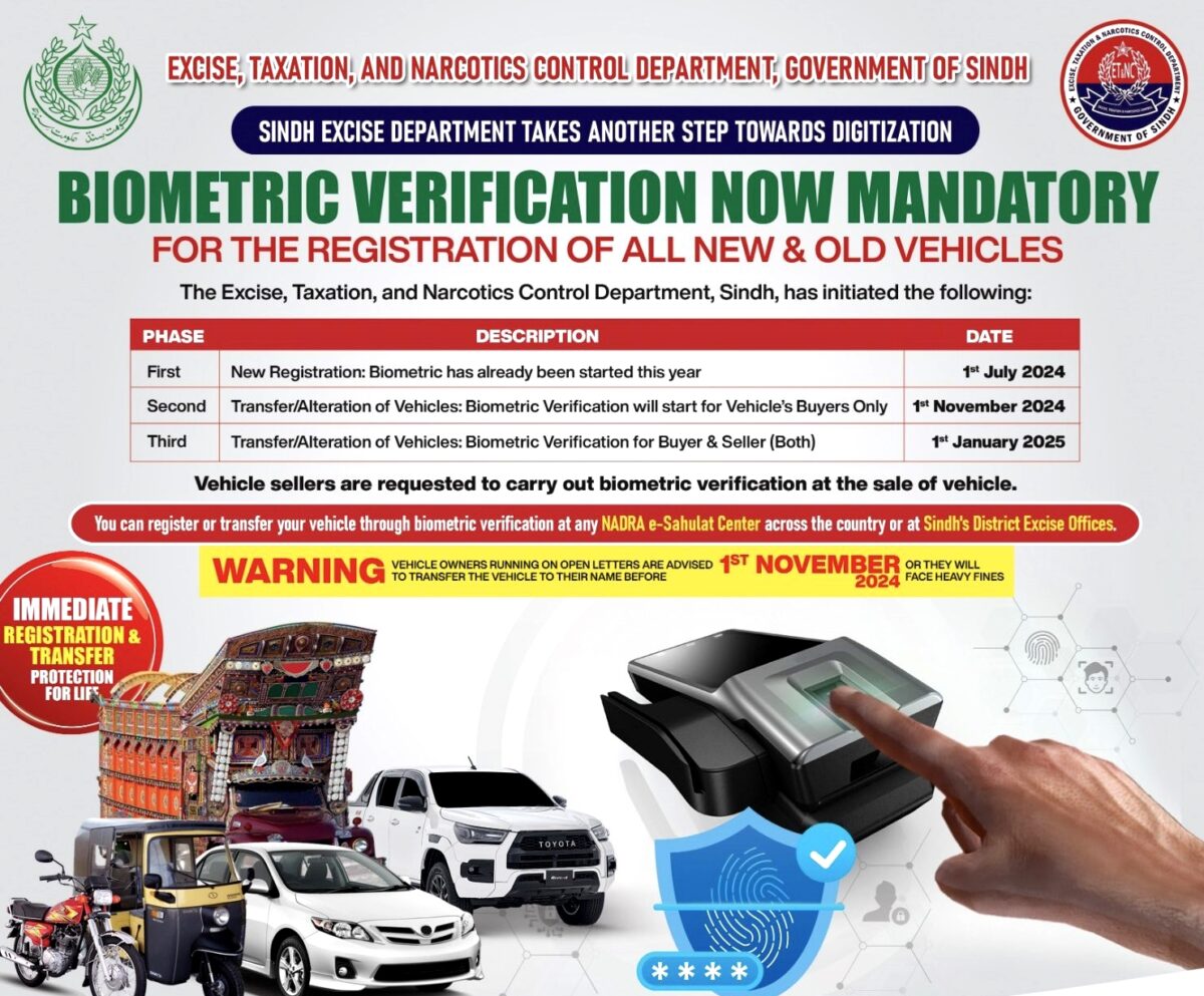 Sindh govt to enforce biometric verification for vehicle registration