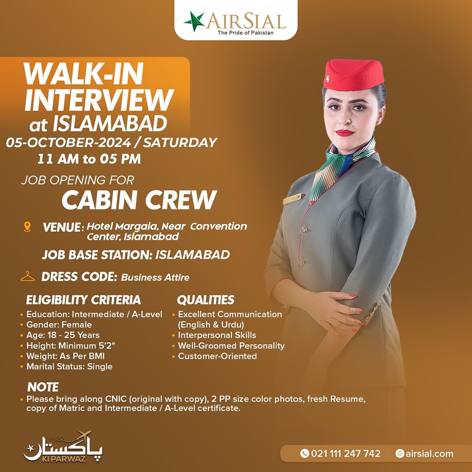 AirSial Walk-In Cabin Crew Interviews in Islamabad on October 5