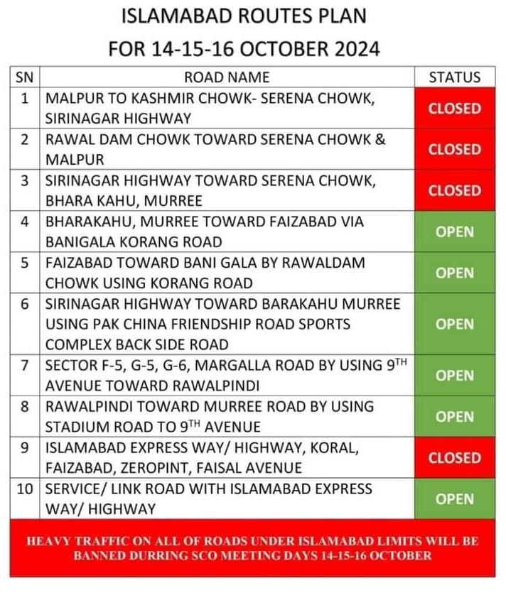 Islamabad Traffic Plan for 14-16 October 2024