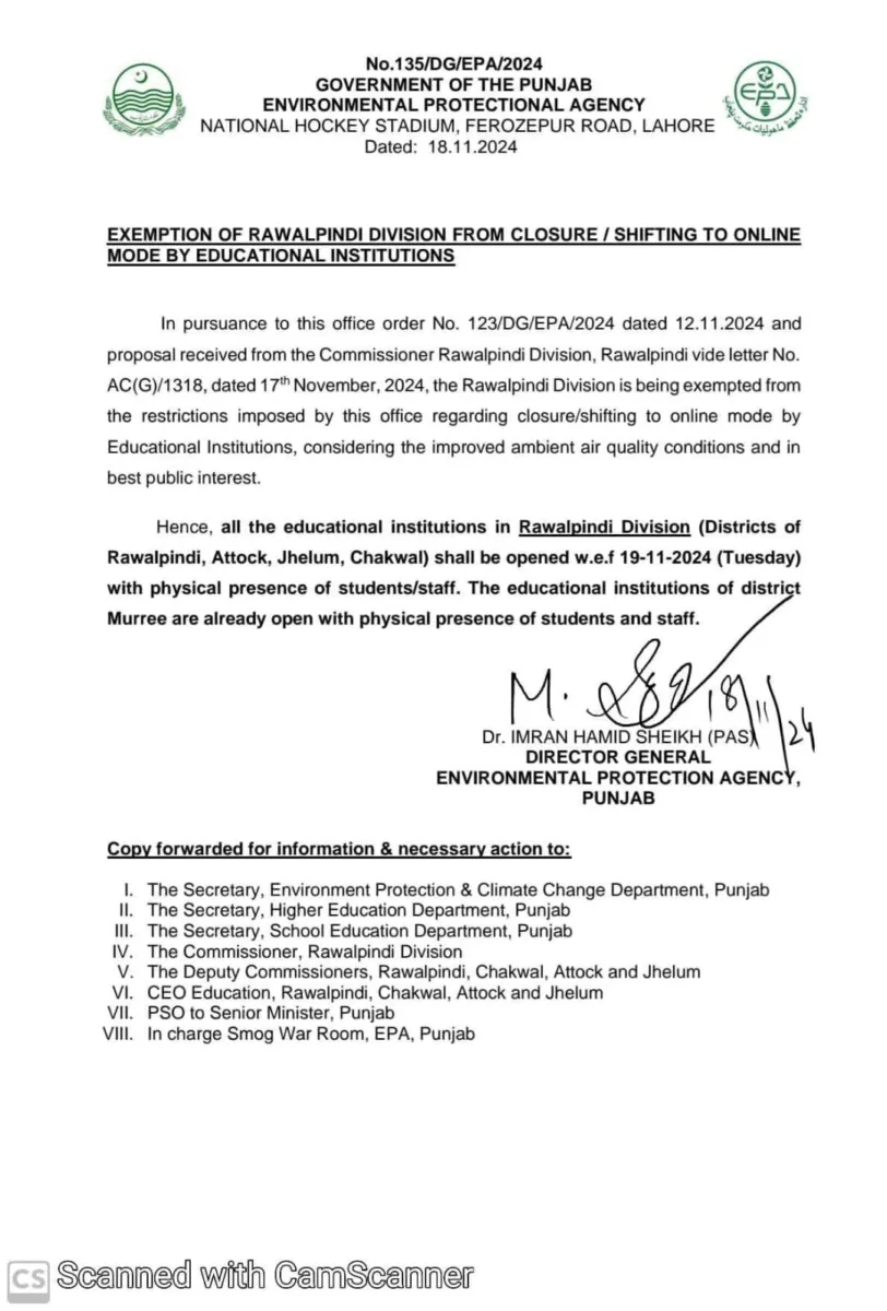 Educational Institutions in Rawalpindi Division to reopen from tomorrow