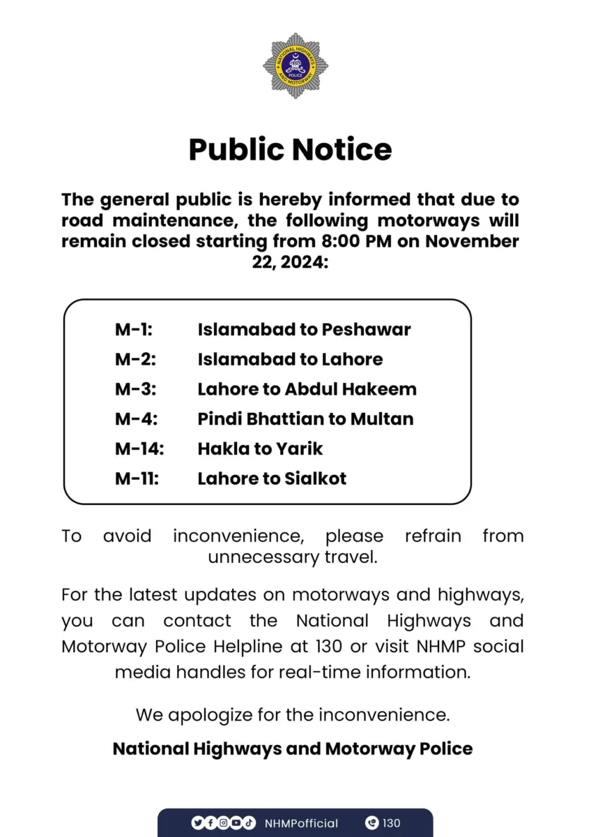 Motorway Closures from November 22: Public Notice issued by NHMP