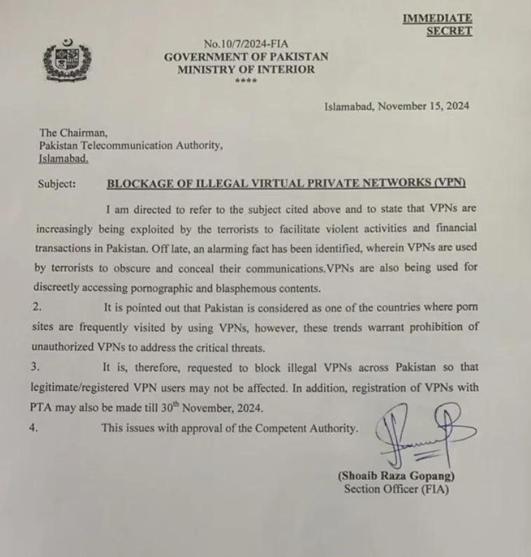 Ministry of Interior Orders PTA to Block Illegal VPNs in Pakistan