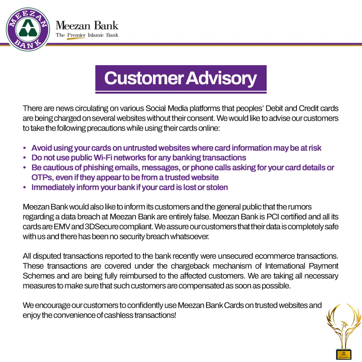 Meezan Bank issues Customer advisory and denies data breach