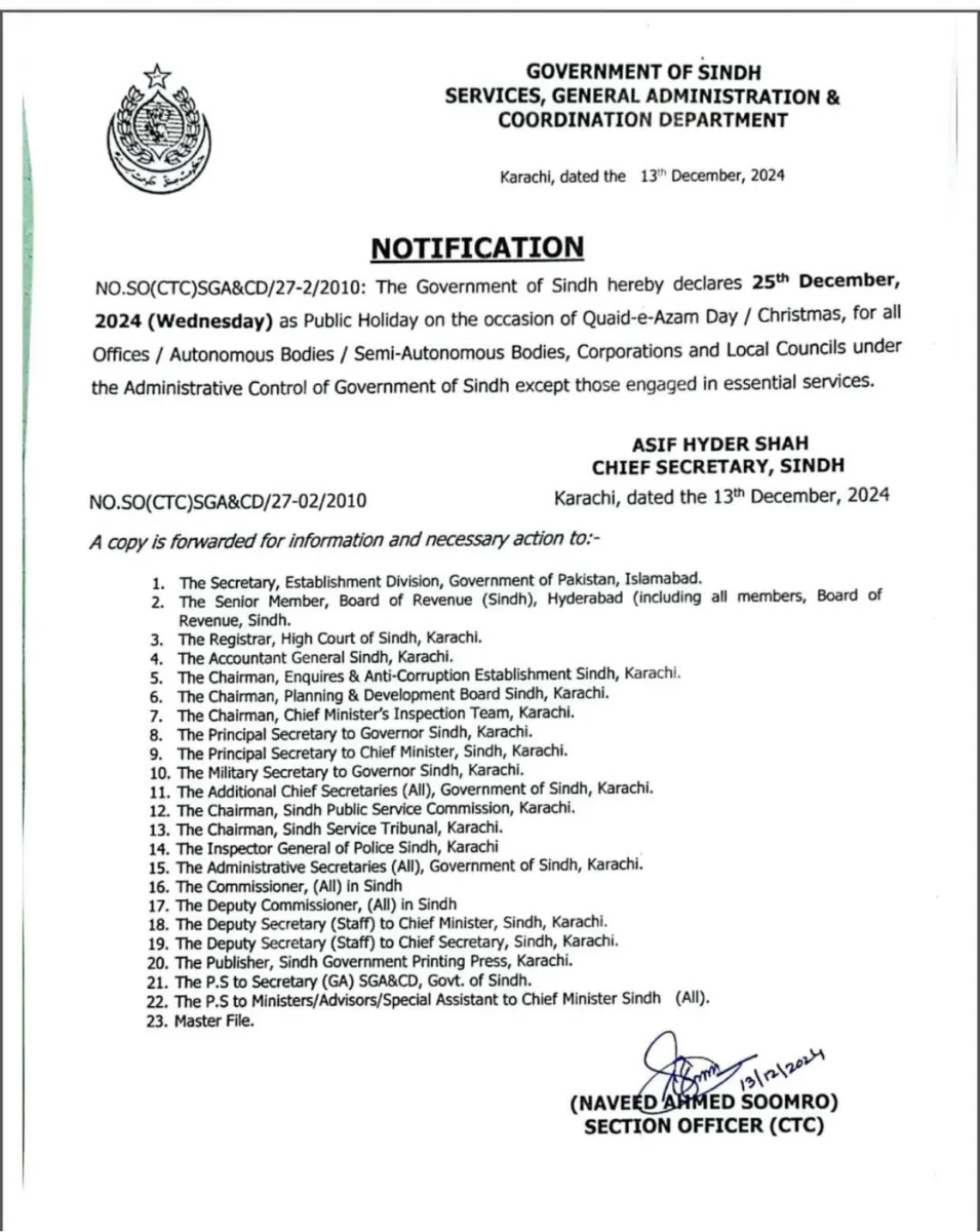 Sindh Announces Public Holiday on December 25