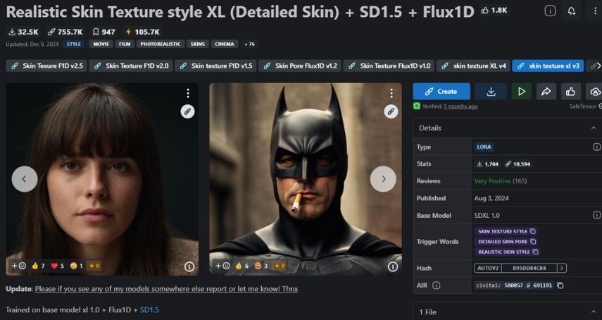 Realistic Skin Texture style XL (Detailed Skin) + SD1.5 + Flux1D