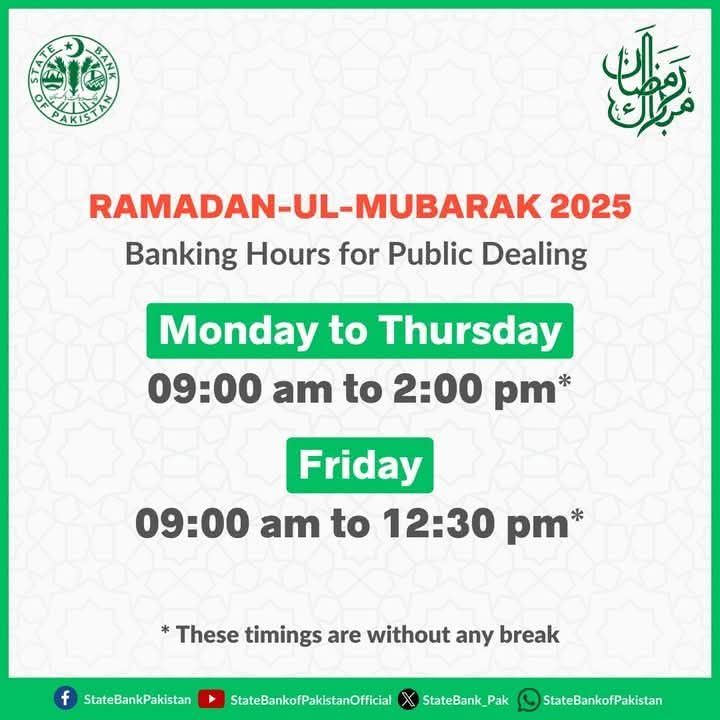 OFFICE AND BUSINESS HOURS DURING THE MONTH OF RAMADAN-UL-MUBARAK 1446 A.H.