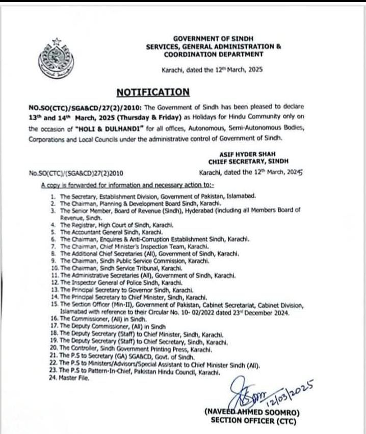 Sindh Govt Announces Holi Holidays on March 13 & 14