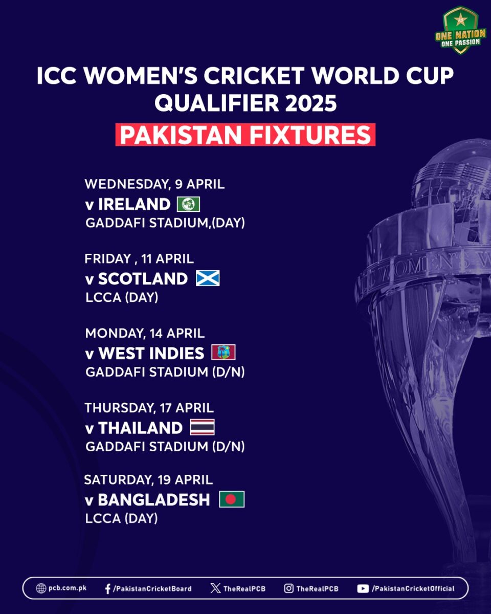 PCB Announces Women’s Cricket Team Fixtures for 2025 World Cup Qualifier